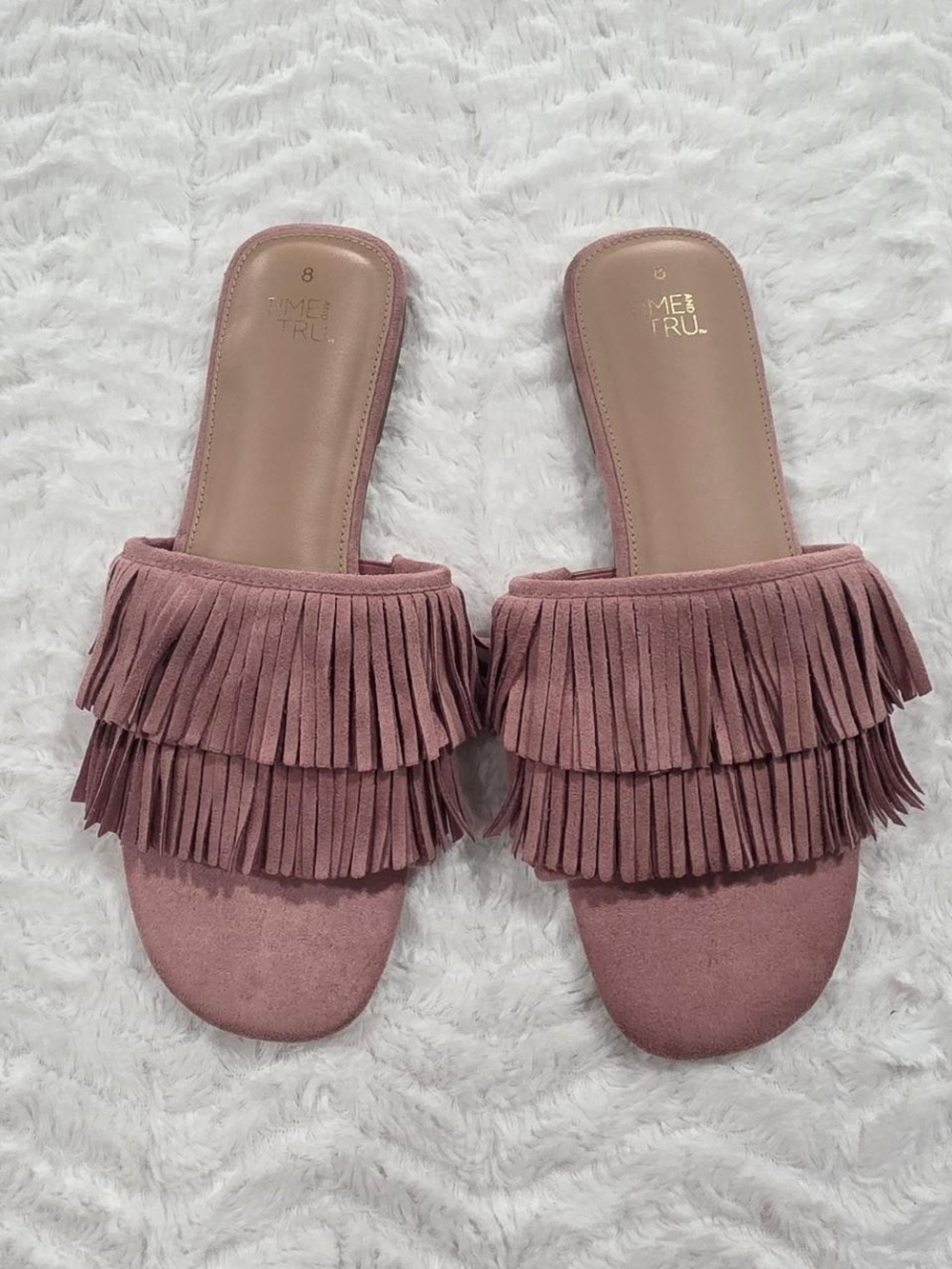 Time and Tru Dusty Rose Fringe Slide Mules